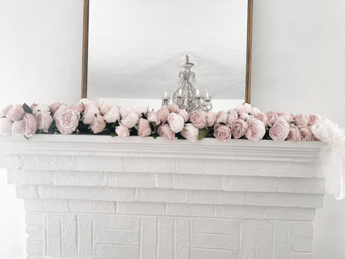 HUGE handmade pink garden rose garland over 70 roses with lace bow