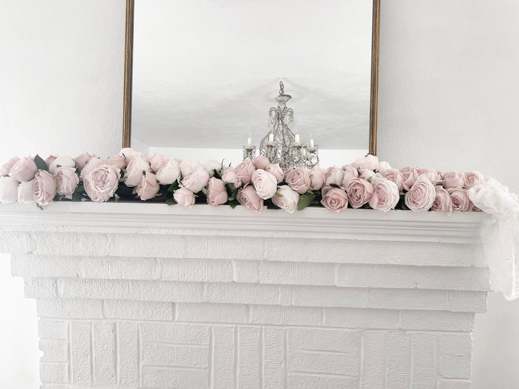 HUGE handmade pink garden rose garland over 70 roses with lace bow