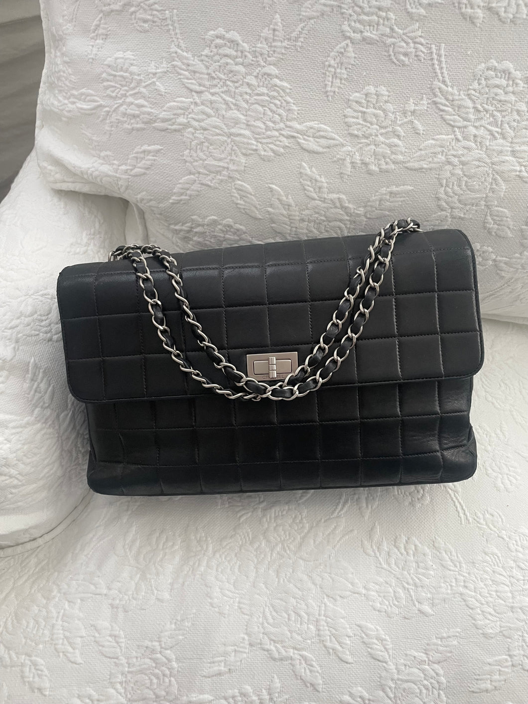 Authentic Chanel jumbo mademoiselle chocolate bar style black lambskin flap vintage bag