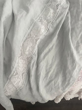 Load image into Gallery viewer, Handmade linen and lace, pale, dusty blue tablecloth
