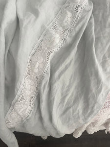 Handmade linen and lace, pale, dusty blue tablecloth