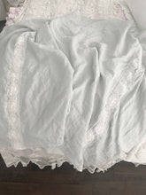 Load image into Gallery viewer, Handmade linen and lace, pale, dusty blue tablecloth