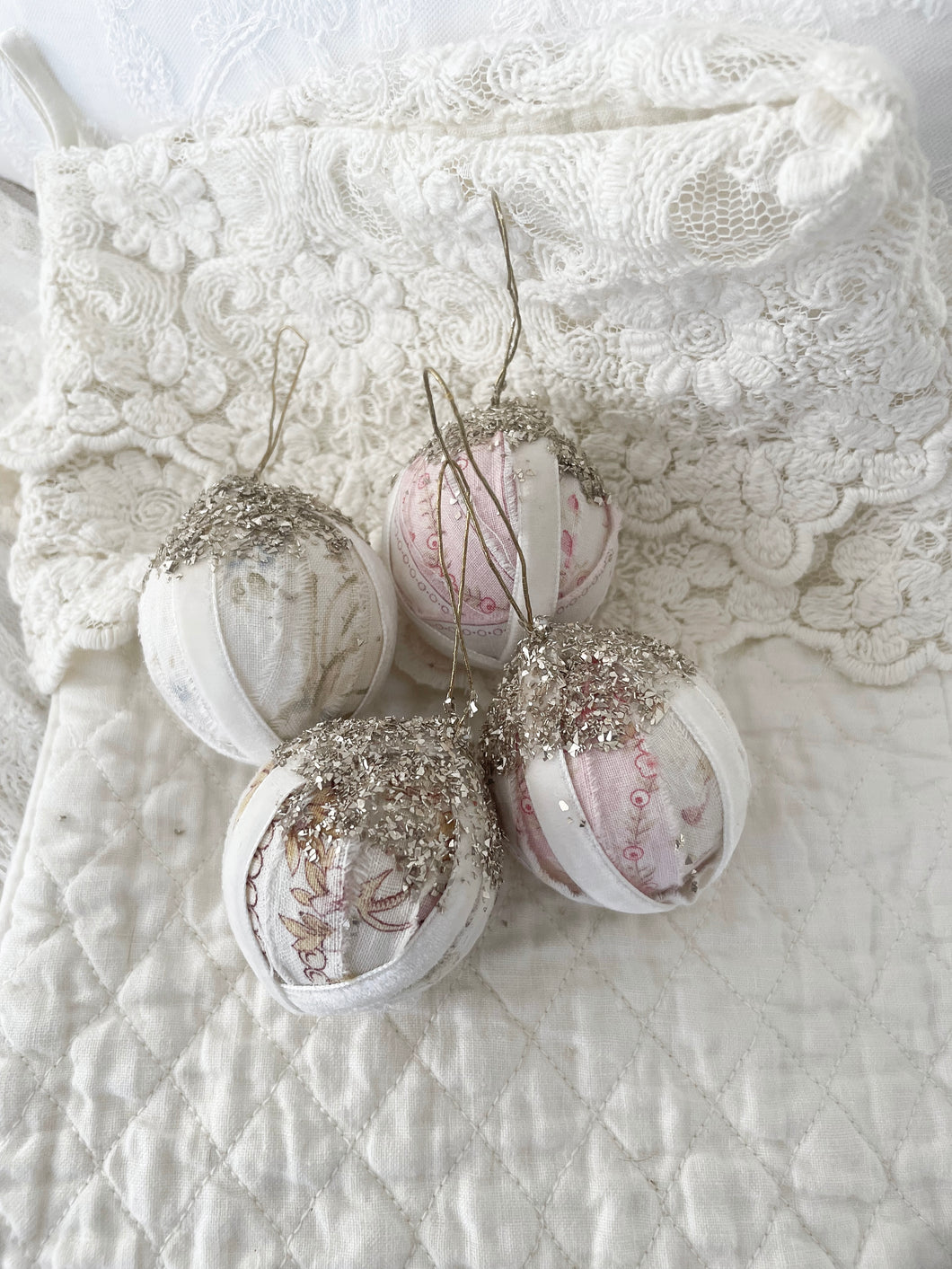 Set 4 handmade antique french floral German glass glitter ornaments