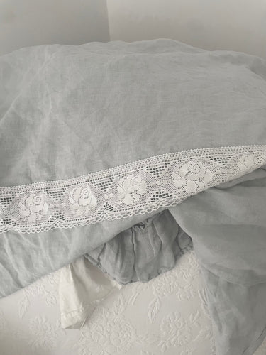 Handmade linen and lace, pale, dusty blue tablecloth