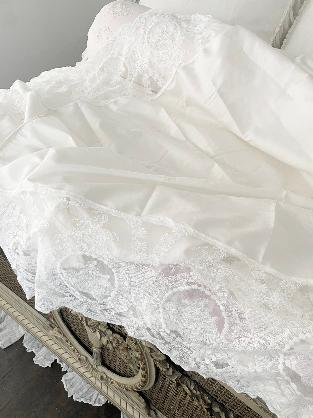 Stunning small version white silk French lace tablecloth