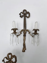 Load image into Gallery viewer, Pair vintage crystal bow gold metal sconces