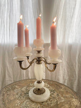 Load image into Gallery viewer, Stunning vintage white alabaster and gold metal candelabra
