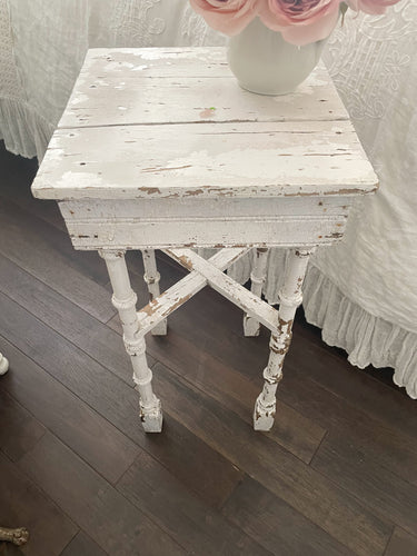 SOLD TO K The most perfect chippy white antique wood side table