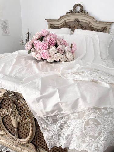 ONE LEFT Luxurious handmade pure silk and French lace tablecloth or bed scarf large