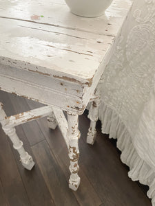 SOLD TO K The most perfect chippy white antique wood side table