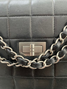 Authentic Chanel jumbo mademoiselle chocolate bar style black lambskin flap vintage bag