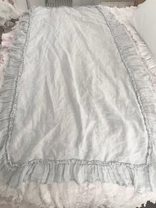 Handmade linen and gauze ruffle tablecloth dusty blue
