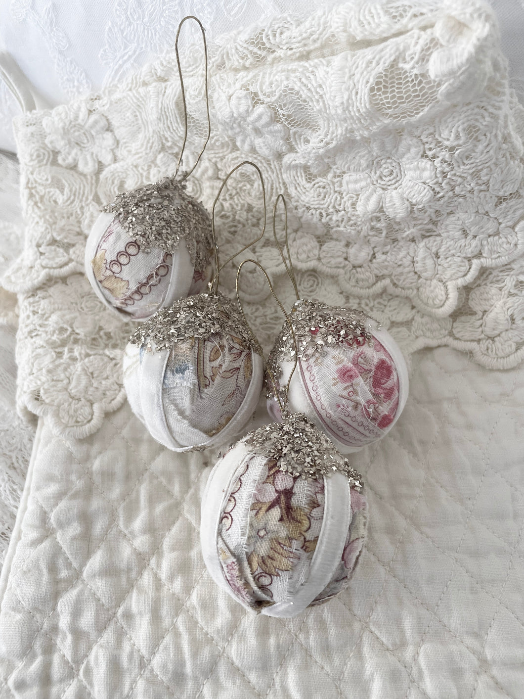 Set 4 handmade antique french floral German glass glitter ornaments