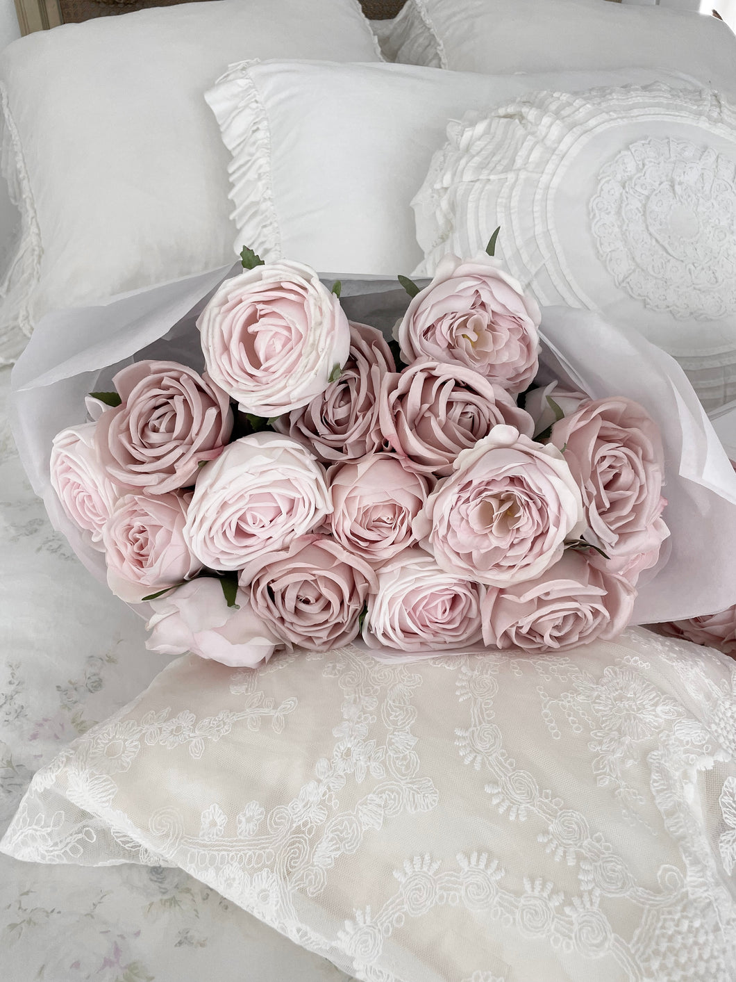 Bouquet of 2 dozen 24 mixed realistic forever garden roses wrapped with floral ribbon