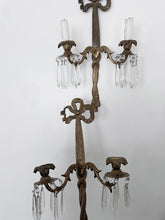 Load image into Gallery viewer, Pair vintage crystal bow gold metal sconces