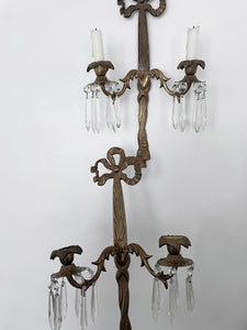 Pair vintage crystal bow gold metal sconces