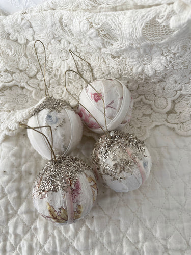 Set 4 handmade antique french floral German glass glitter ornaments
