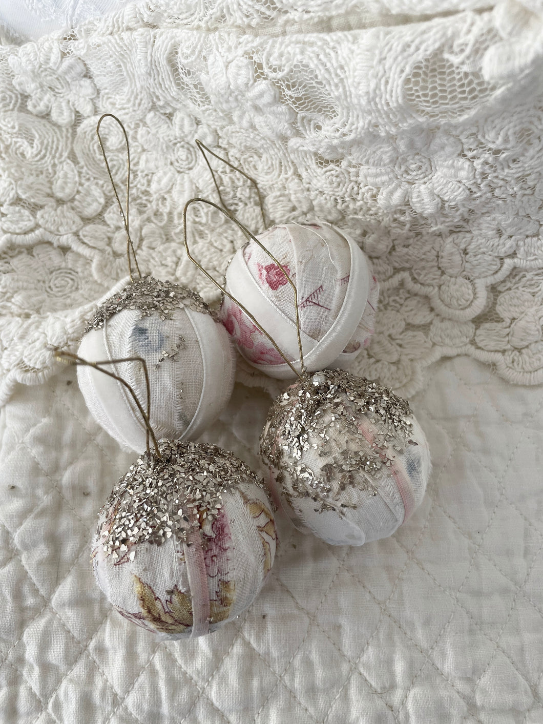 Set 4 handmade antique french floral German glass glitter ornaments