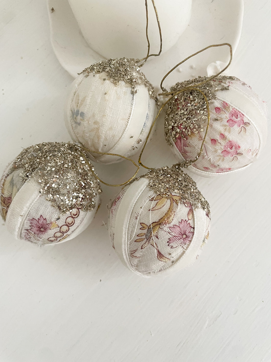 LAST Set 4 handmade antique french floral German glass glitter ornaments