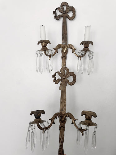 Pair vintage crystal bow gold metal sconces