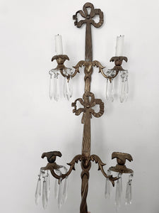 Pair vintage crystal bow gold metal sconces