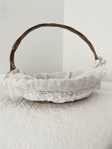 SOLD TO K Vintage small basket with linen and lace liner