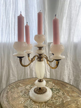 Load image into Gallery viewer, Stunning vintage white alabaster and gold metal candelabra