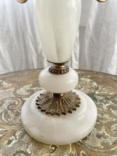 Load image into Gallery viewer, Stunning vintage white alabaster and gold metal candelabra