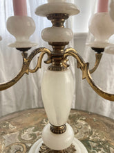 Load image into Gallery viewer, Stunning vintage white alabaster and gold metal candelabra