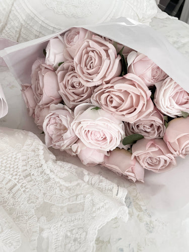 Bouquet of 2 dozen 24 realistic mixed forever garden roses wrapped with floral ribbon