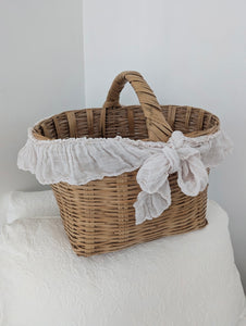 Antique French xl gathering basket with ruffled bow