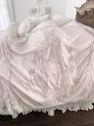 Handmade pink silk dupioni and French lace tree throw
