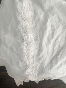 Handmade linen and lace, pale, dusty blue tablecloth