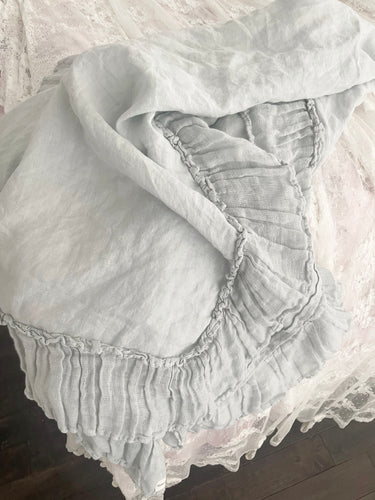 Handmade linen and gauze ruffle tablecloth dusty blue
