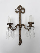 Load image into Gallery viewer, Pair vintage crystal bow gold metal sconces