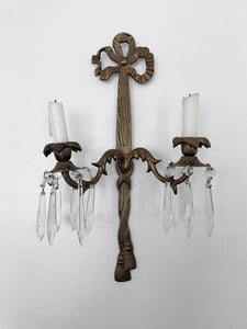 Pair vintage crystal bow gold metal sconces