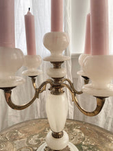 Load image into Gallery viewer, Stunning vintage white alabaster and gold metal candelabra