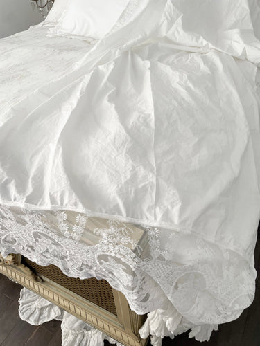 White handmade cotton poplin and French lace tablecloth