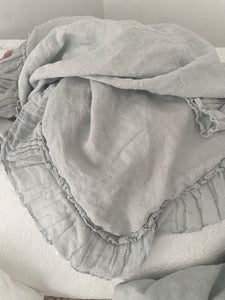 Handmade linen and gauze ruffle tablecloth dusty blue