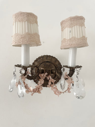 SOLD TO B Gorgeous antique sconce with pink silk shades
