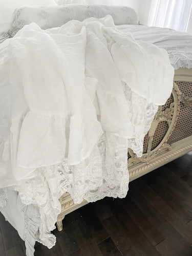 Gorgeous handmade Belgian linen and French lace throw or tablecloth